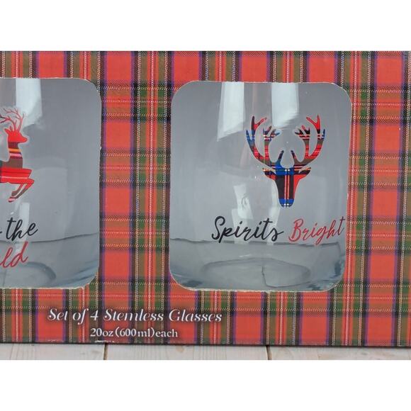 Winterberrie Lane Christmas Stemless Glasses 20 oz Set of 4 Plaid Holiday NIB - Picture 4 of 9